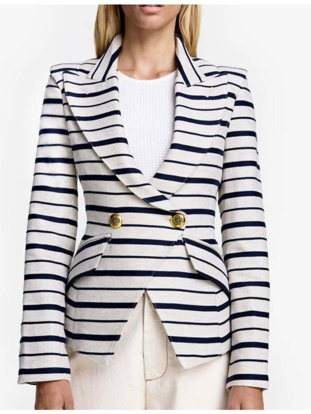 SMYTHE Crossover Double-Breasted Blazer Linen Cotton Black White Size 6